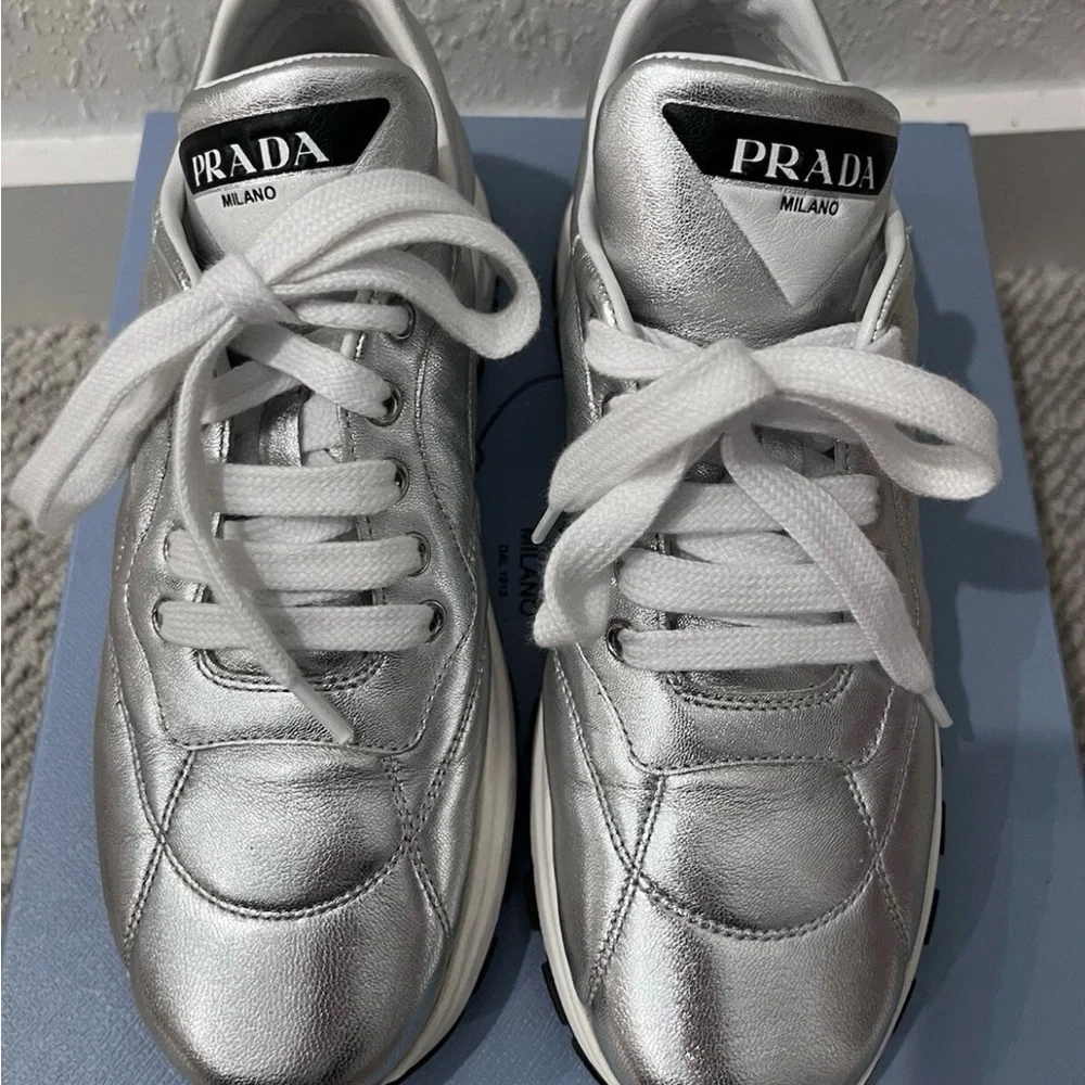 Prada Women's Metallic Silver Sneakers - Picture 3 of 7